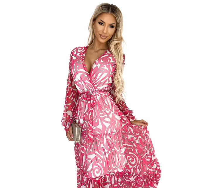 476-1 ENRICA Šaty s výstřihem a dlouhými rukávy - PINK WALES - síťovina