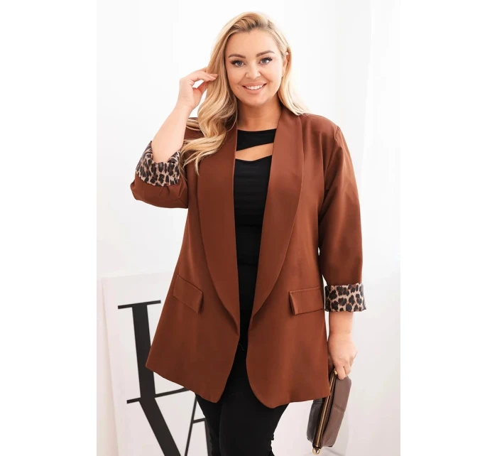 Dámská sako Plus Size s podšívkou v leopardím vzoru čokoládová Dámská sako Plus Size s podšívkou v leopardím vzoru čokoládová