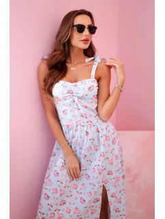 Dámské šaty s potiskem na ramínka s vázáním modrý