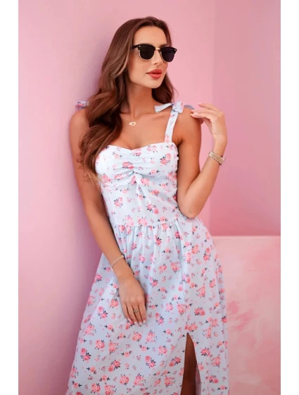 Dámské šaty s potiskem na ramínka s vázáním modrý