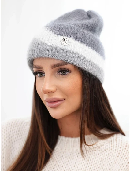 Dámská čepice beanie žebrovaná s ozdobou tmavě šedá+grey Dámská čepice beanie žebrovaná s ozdobou tmavě šedá+grey