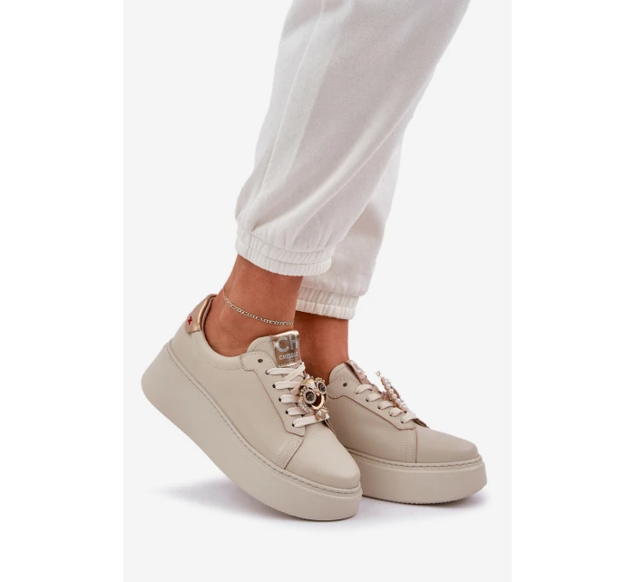 Dámské Kožené Tenisky model 21683829 Světle Béžové - CheBello