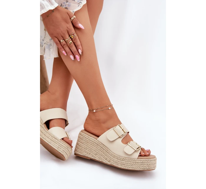 Dámské Klapky Na Klínu S Pletením A Přezkami Béžové Pasinea Dámské Klapky Na Klínu S Pletením A Přezkami Béžové Pasinea