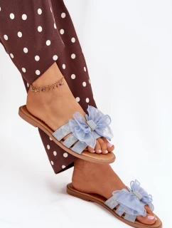 Dámské pantofle na nízkém podpatku s tylovou mašlí – denimové