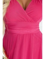 562-9 NASTIA Dlouhé šaty s výstřihem, kosticemi a krátkými rukávy - malinový sorbet