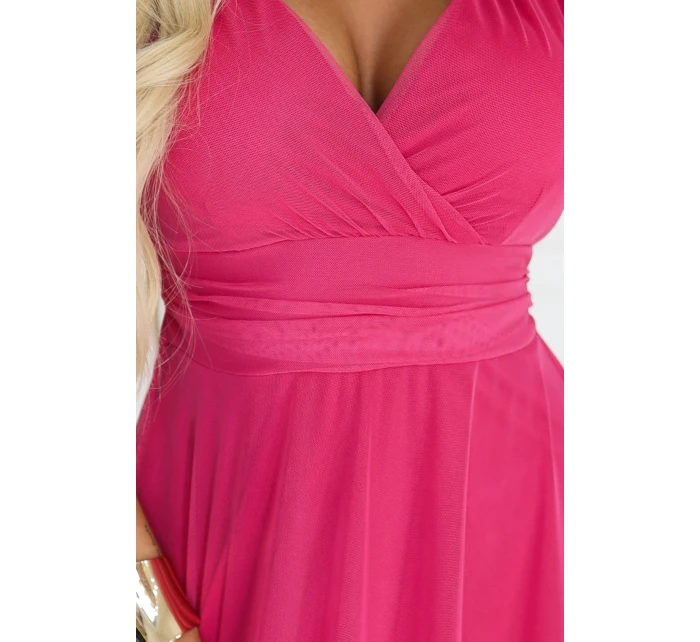 562-9 NASTIA Dlouhé šaty s výstřihem, kosticemi a krátkými rukávy - malinový sorbet