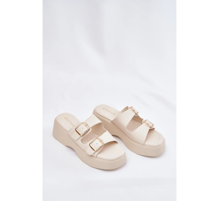 Dámské pantofle na platformě a klínu s přezkami světle béžové Nitarelia Dámské pantofle na platformě a klínu s přezkami světle béžové Nitarelia