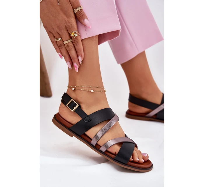 Dámské Sandály Na Plochém Podpatku S Pásky Černé model 21697516 - SERGIO LEONE