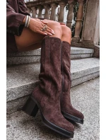 Dámské zimní kozačky na masivním podpatku čokoládové model 21715042 - Boto