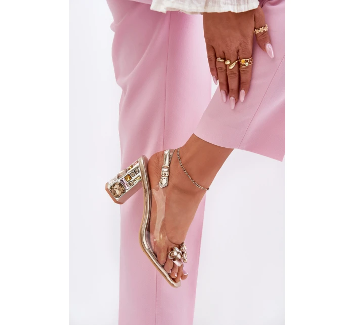 Průhledné sandály na podpatku s krystaly Vinceza 70110 zlaté