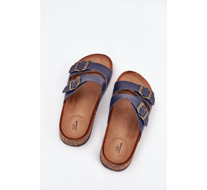 Dámské pantofle na korkové platformě s přezkami – tmavě modré Dámské pantofle na korkové platformě s přezkami – tmavě modré