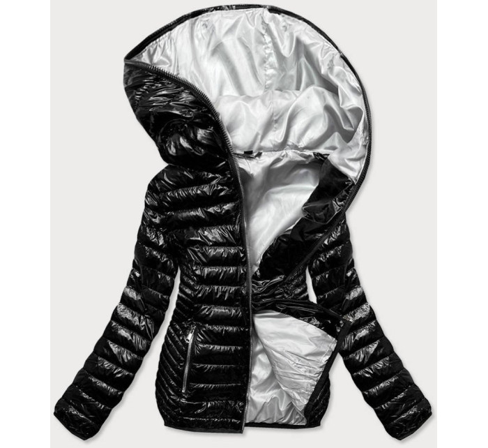 Černá dámská prošívaná bunda s kapucí (B9752)