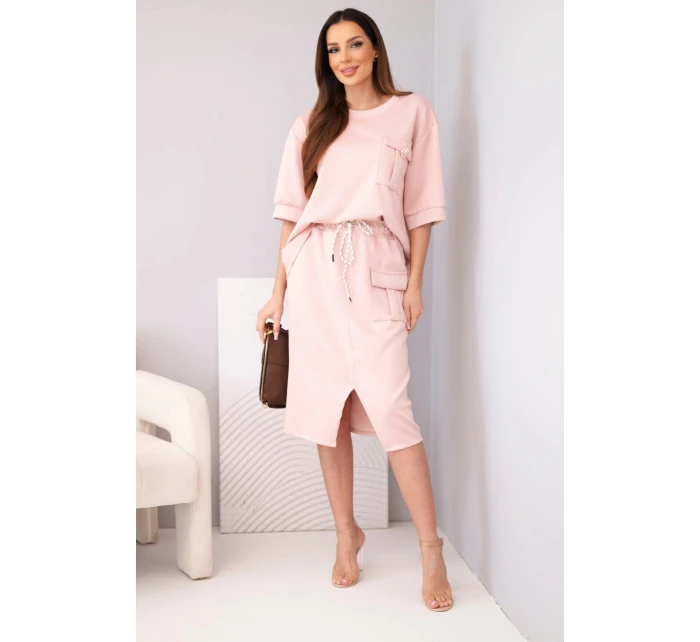 Dámský komplet s halenkou a midi sukní máslový tmavá pudrová růžová