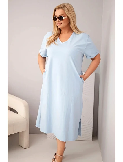 Dámské bavlněné šaty Plus Size s výstřihem do V modrá Dámské bavlněné šaty Plus Size s výstřihem do V modrá