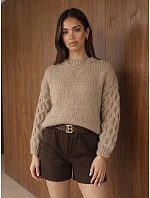 Dámský oversize svetr s copánkovým vzorem, tmavě béžový, FashionStreet MY2592 Dámský oversize svetr s copánkovým vzorem, tmavě béžový, FashionStreet MY2592