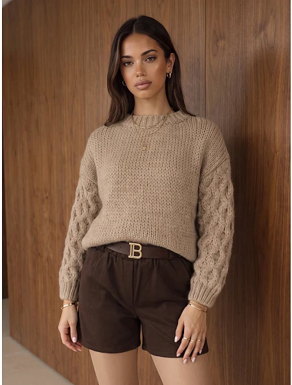 Dámský oversize svetr s copánkovým vzorem, tmavě béžový, FashionStreet MY2592 Dámský oversize svetr s copánkovým vzorem, tmavě béžový, FashionStreet MY2592