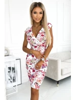 379-3 BOYKA Přiléhavé šaty s obálkovým výstřihem - PINK-PIOLET FLOWERS 379-3 BOYKA Přiléhavé šaty s obálkovým výstřihem - PINK-PIOLET FLOWERS