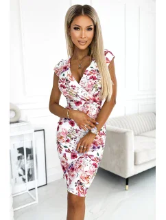 379-3 BOYKA Přiléhavé šaty s obálkovým výstřihem - PINK-PIOLET FLOWERS