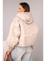 Dámská prošívaná bunda s kapucí a ozdobným květinovým model 21998364 tmavě béžová - K-Fashion