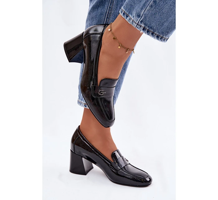 Kožené Lakované Dámské Lodičky na Podpatku model 22100046 Černé - VINCEZA