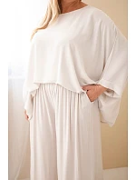 Dámský plus size viskózový komplet se širokými kalhotami a halenkou béžový