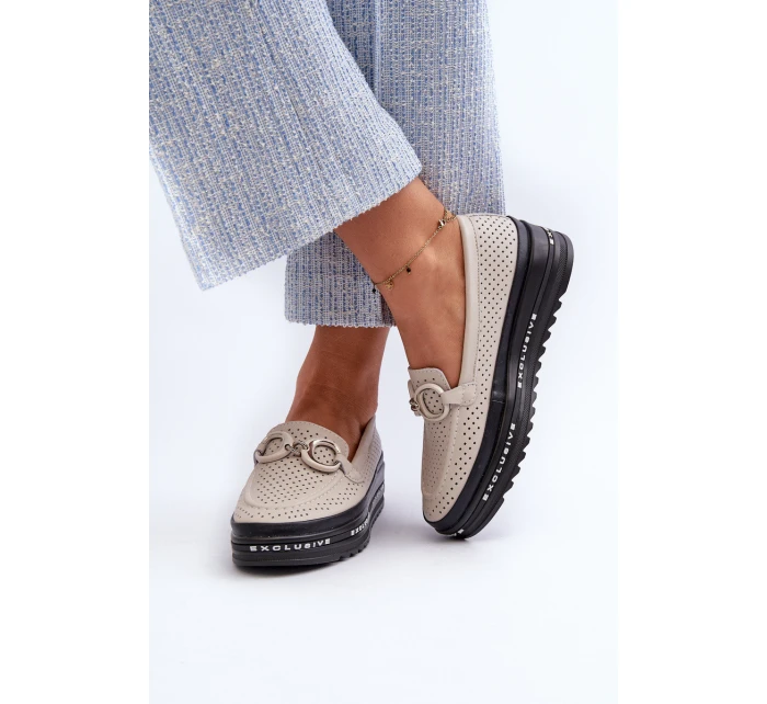Dámské kožené mokasíny na platformě s ozdobou model 21660272 béžové - S.Barski