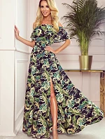 Dlouhé dámské šaty se španělským výstřihem a vzorem zelených listů a zlatých řetízků 194-4 - Numoco