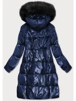 Tmavě modrá dámská zimní metalická bunda s kapucí (8295)