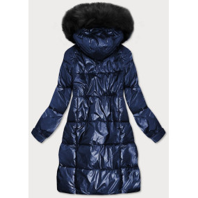 Tmavě modrá dámská metalická zimní bunda s kapucí (8295)