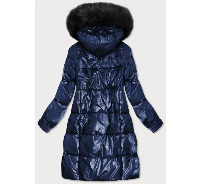 Tmavě modrá dámská zimní metalická bunda s kapucí (8295)