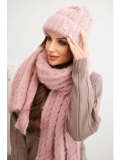 Dámská souprava čepice a šály s proužkem s ozdobou tmavě pudrově růžová