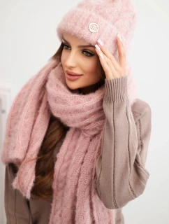 Dámská souprava čepice a šály s proužkem s ozdobou tmavě pudrově růžová