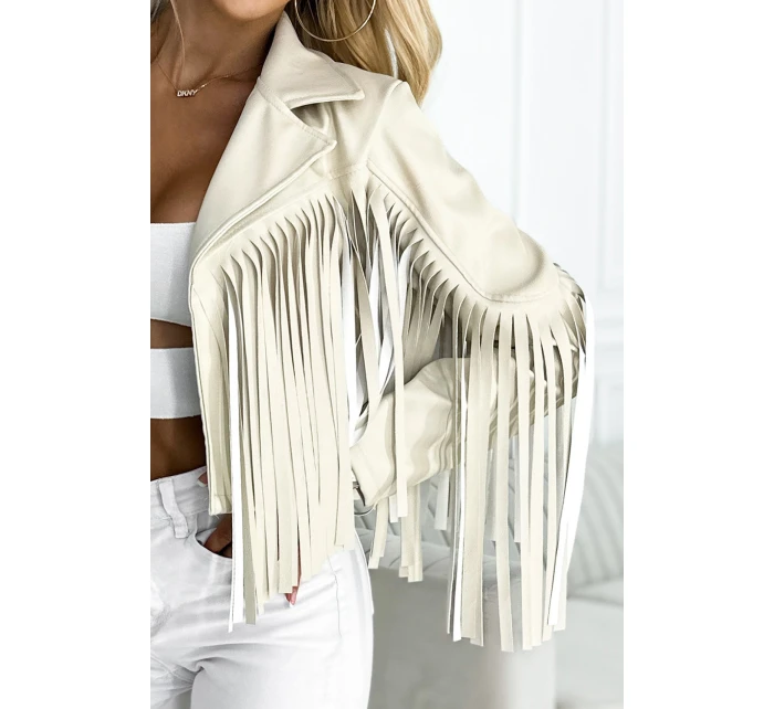 model 21210354 Krátká bunda s třásněmi z měkké ekokůže béžová - numoco basic