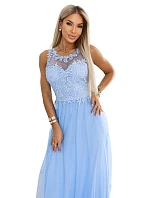 672-1 Romantické svatební maxi šaty s vyšívanou krajkou a tylem - modré 672-1 Romantické svatební maxi šaty s vyšívanou krajkou a tylem - modré