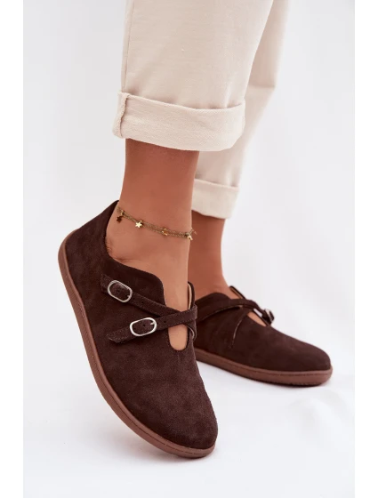 Kožené semišové dámské polobotky s pásky model 21937586 čokoládové - Zazoo