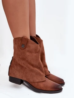 Dámské zateplené kotníkové botky kovbojky na sloupku – camel Sylvette