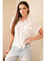 Dámská košile z viskózy s krátkým rukávem a kapsami béžová