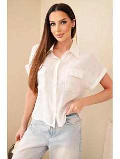 Dámská košile z viskózy s krátkým rukávem a kapsami béžová