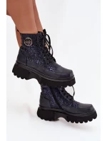 Kožené dámské boty na platformě s nápisy a ozdobným detailem Artiker 57C2271 tmavě modré