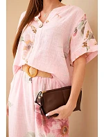 Dámský bavlněný komplet s krátkým rukávem a širokou nohavicí bonbónově růžová