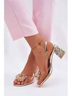Průhledné sandály na podpatku s krystaly model 22102733 Zlaté - VINCEZA