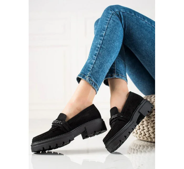 Exkluzívní dámské černé  polobotky na plochém podpatku