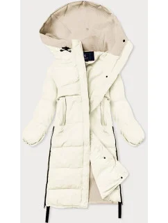 Dlouhá zimní bunda v barvě ecru z různých spojeným materiálů (jin-210)