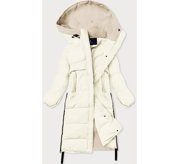 Dlouhá zimní bunda v barvě ecru z různých spojeným materiálů (jin-210)