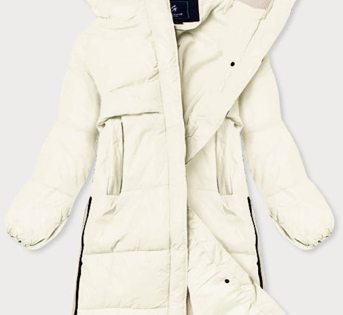 Dlouhá zimní bunda v ecru barvě z různých spojených materiálů (JIN-210)