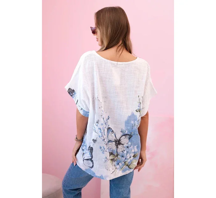 Dámská bavlněná košile s motýly a květinami bílý Dámská bavlněná košile s motýly a květinami bílý