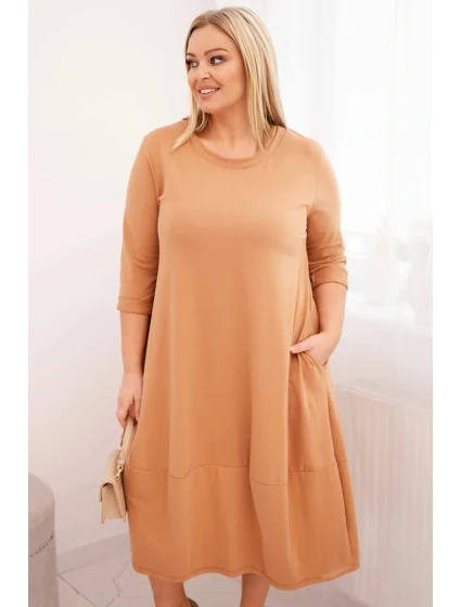 Dámská bavlněná šaty Plus Size s ohrnutým rukávem a kapsami camelová