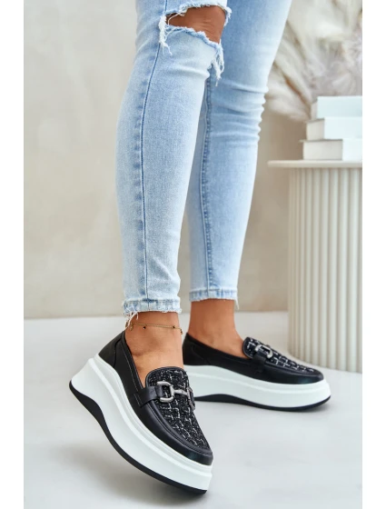 Kožené Dámské Mokasíny Na Platformě S Dekorací Černé model 21675568 - VINCEZA