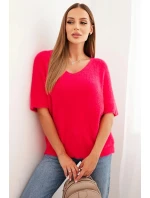 Dámský svetr z měkkého chlupatého materiálu s V výstřihem krátký rukáv růžový