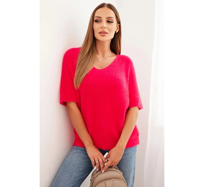 Dámský svetr z měkkého chlupatého materiálu s V výstřihem krátký rukáv růžový